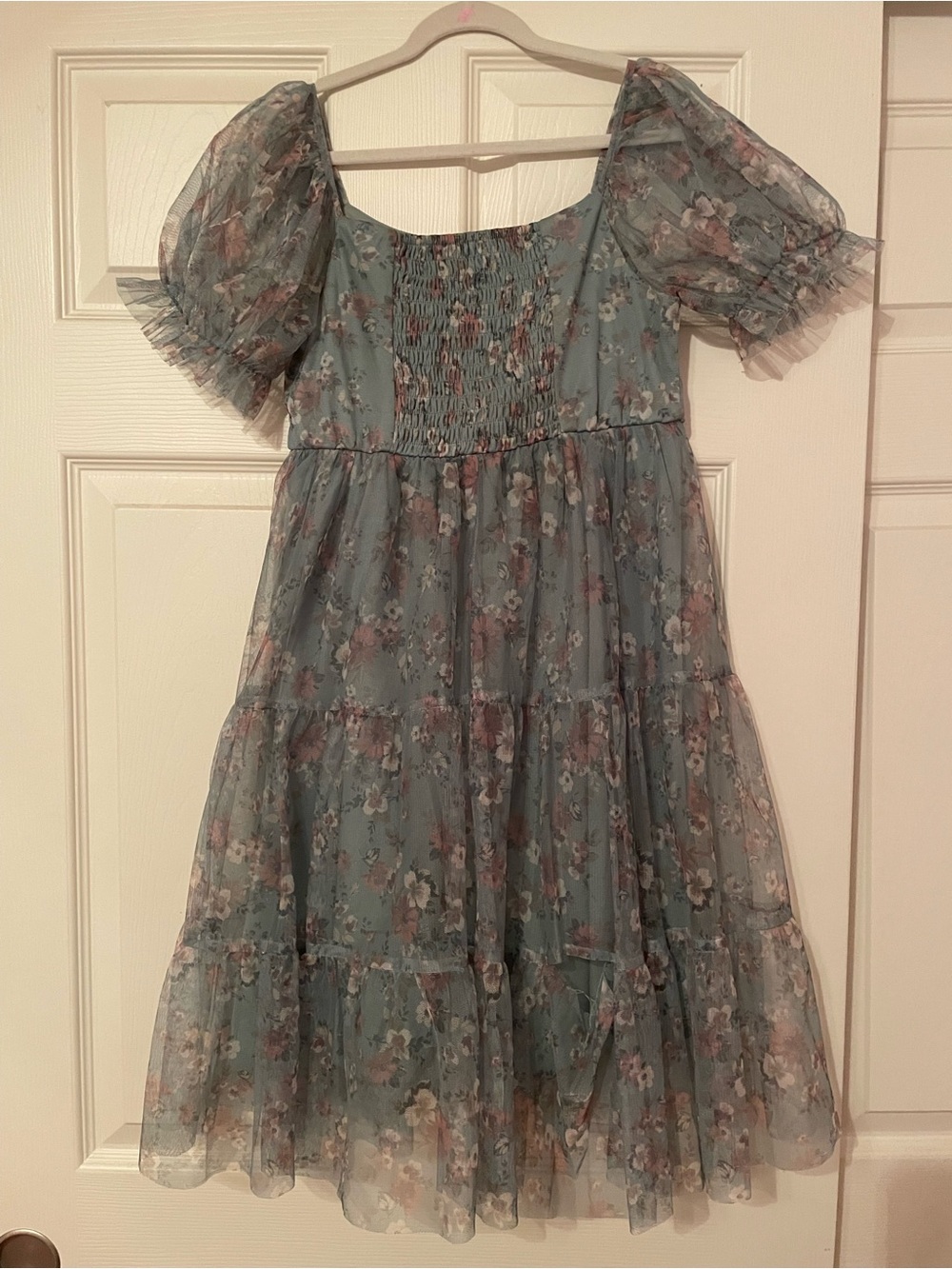 Zhenzi Dusty Blue Floral Tiered Puff-Sleeve Dress